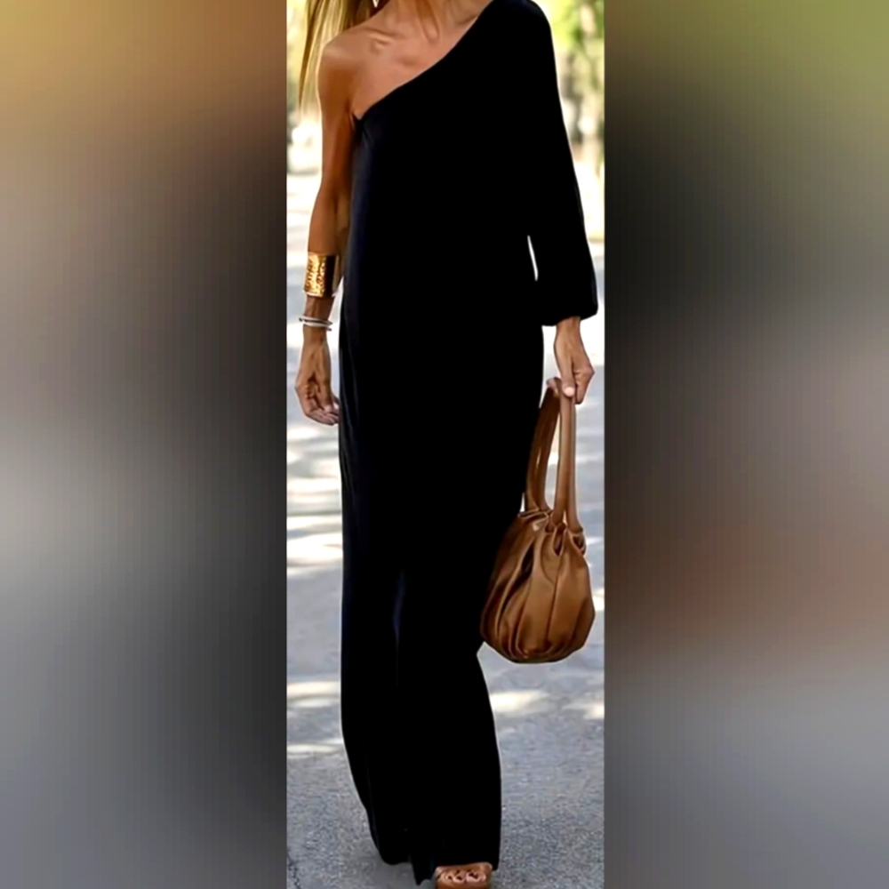 Asymetrical Black One Shoulder Maxi Dress